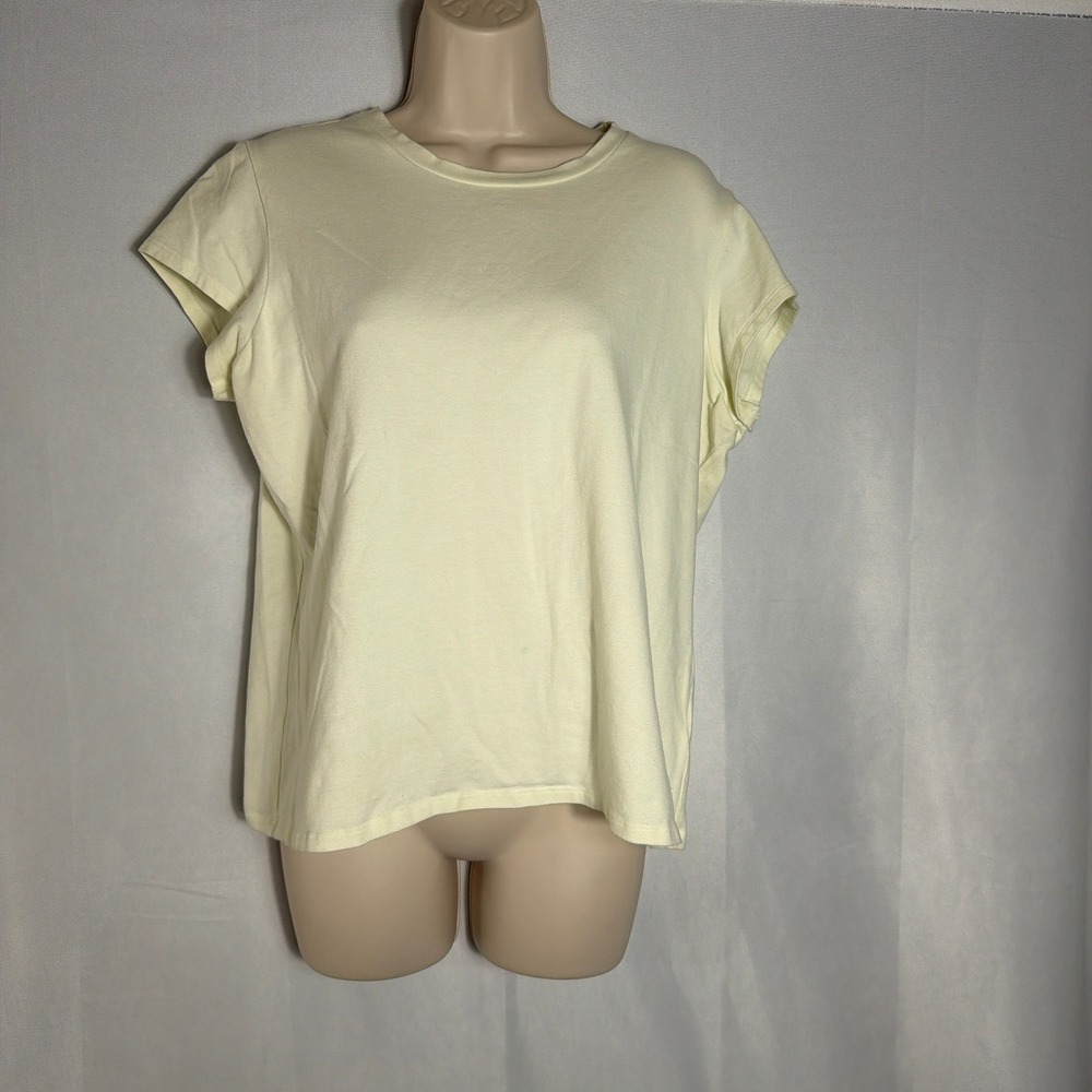 Eileen Fisher T-Shirt L Cotton Lycra Stretch Crew Neck Pale Yellow Women